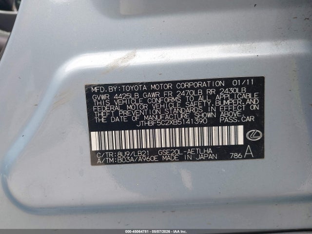 45064781 :رقم المزاد ، JTHBF5C2XB5141390 vin ، 2011 Lexus Is 250 مزاد بيع