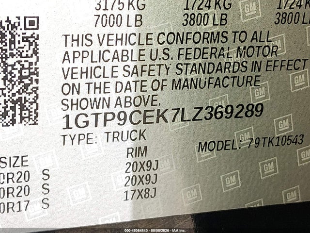 45064840 :رقم المزاد ، 1GTP9CEK7LZ369289 vin ، 2020 Gmc Sierra 1500 4wd  Short Box Elevation مزاد بيع