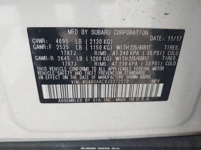 Aukcja sprzedaży 2018 Subaru Outback 2.5i, vin: 4S4BSAAC9J3272270, numer aukcji: 45064865