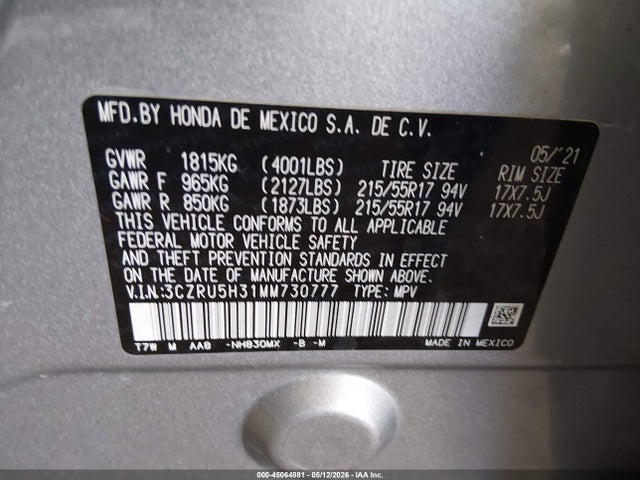 Продаж на аукціоні авто 2021 Honda Hr-v 2wd Lx, vin: 3CZRU5H31MM730777, номер лоту: 45064881