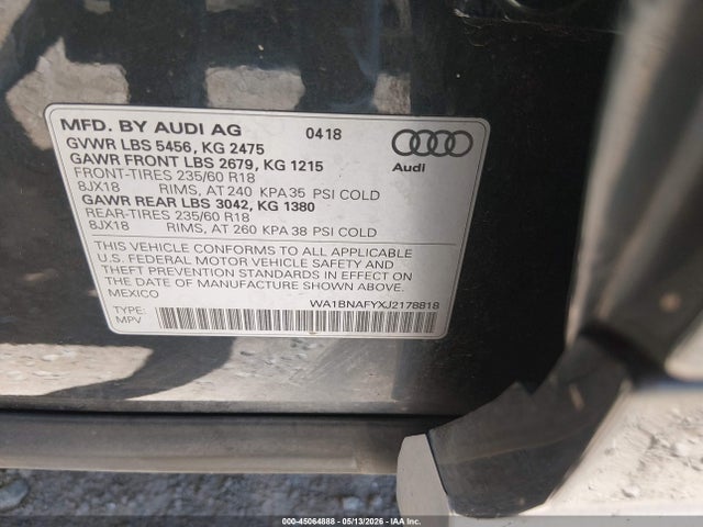 45064888 :رقم المزاد ، WA1BNAFYXJ2178818 vin ، 2018 Audi Q5 2.0t Premium/2.0t Tech Premium مزاد بيع