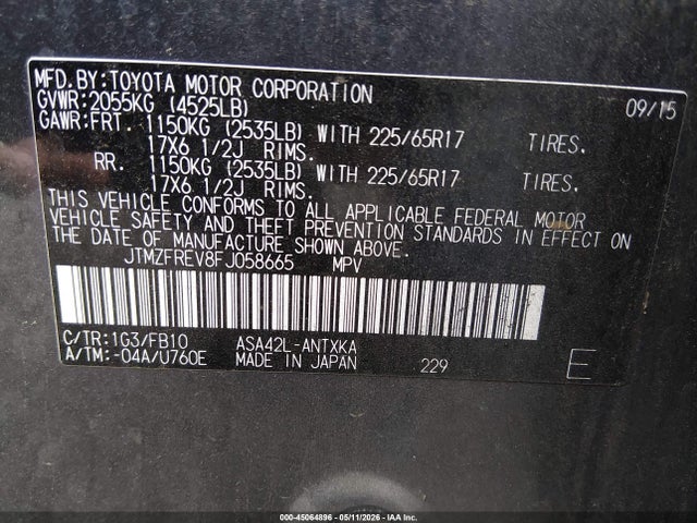 2015 Toyota Rav4 Le მანქანა იყიდება აუქციონზე, vin: JTMZFREV8FJ058665, აუქციონის ნომერი: 45064896