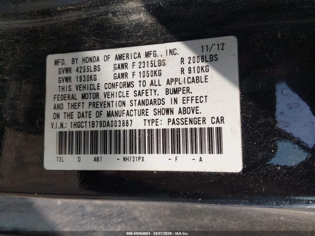 45064903 :رقم المزاد ، 1HGCT1B79DA003887 vin ، 2013 Honda Accord Ex مزاد بيع