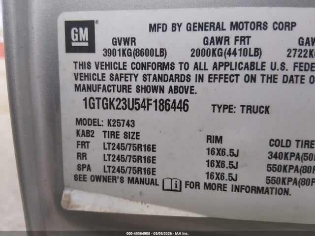 45064905 :رقم المزاد ، 1GTGK23U54F186446 vin ، 2004 Gmc Sierra 2500 Sle مزاد بيع