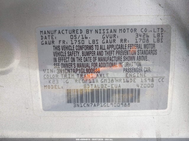 Aukcja sprzedaży 2016 Nissan Versa 1.6 Sv, vin: 3N1CN7AP1GL900988, numer aukcji: 45064915