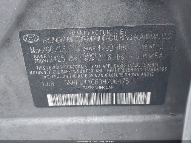 Продаж на аукціоні авто 2013 Hyundai Sonata Se, vin: 5NPEC4AC6DH706475, номер лоту: 45064916