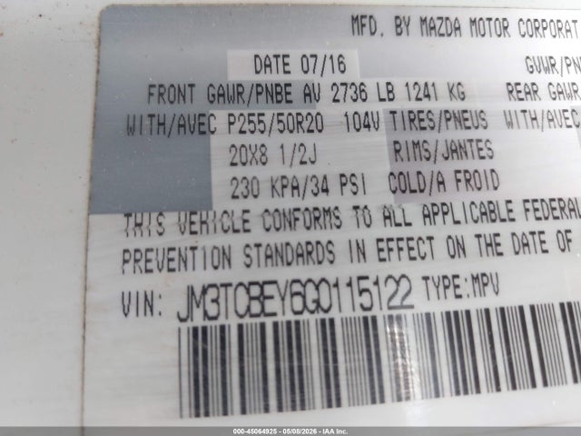 Продаж на аукціоні авто 2016 Mazda Cx-9 Signature, vin: JM3TCBEY6G0115122, номер лоту: 45064925