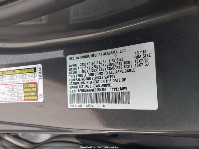 Aukcja sprzedaży 2019 Honda Odyssey Ex-l, vin: 5FNRL6H78KB051883, numer aukcji: 45064932