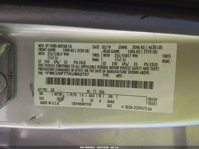Auction sale of the 2019 Ford Escape S, vin: 1FMCU0F77KUB62737, lot number: 45064942