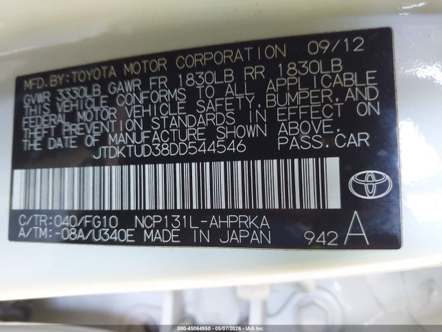 45064950 :رقم المزاد ، JTDKTUD38DD544546 vin ، 2013 Toyota Yaris Le مزاد بيع