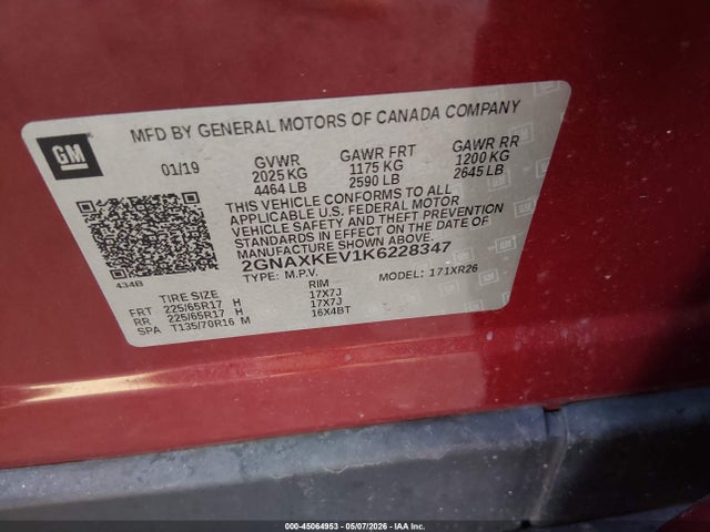Aukcja sprzedaży 2019 Chevrolet Equinox Lt, vin: 2GNAXKEV1K6228347, numer aukcji: 45064953