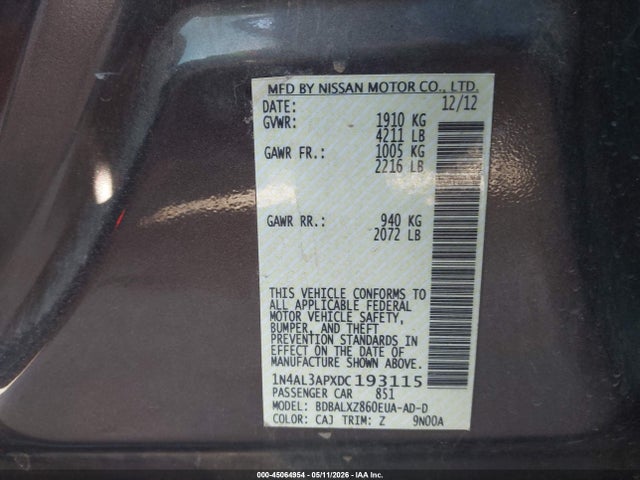 Aukcja sprzedaży 2013 Nissan Altima 2.5 Sl, vin: 1N4AL3APXDC193115, numer aukcji: 45064954