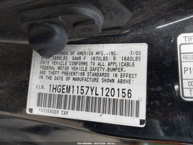 Aukcja sprzedaży 2000 Honda Civic Si, vin: 1HGEM1157YL120156, numer aukcji: 45064964
