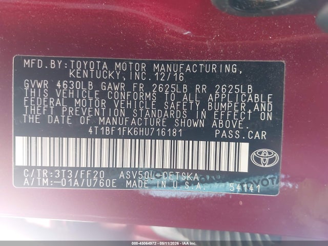 Продаж на аукціоні авто 2017 Toyota Camry Se, vin: 4T1BF1FK6HU716181, номер лоту: 45064972