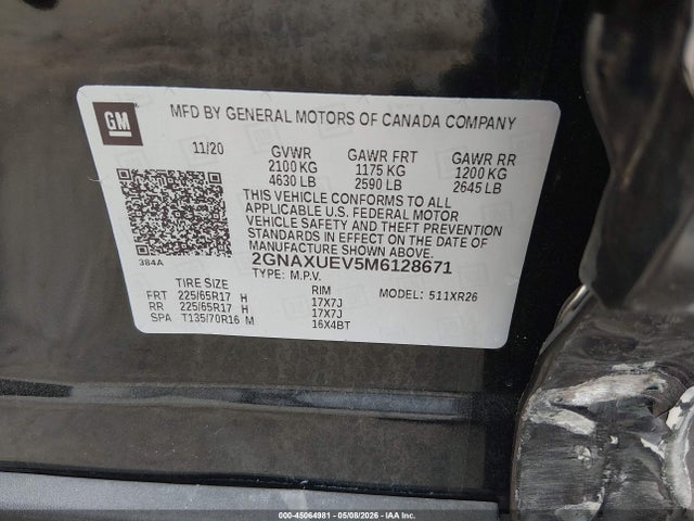 45064981 :رقم المزاد ، 2GNAXUEV5M6128671 vin ، 2021 Chevrolet Equinox Awd Lt مزاد بيع