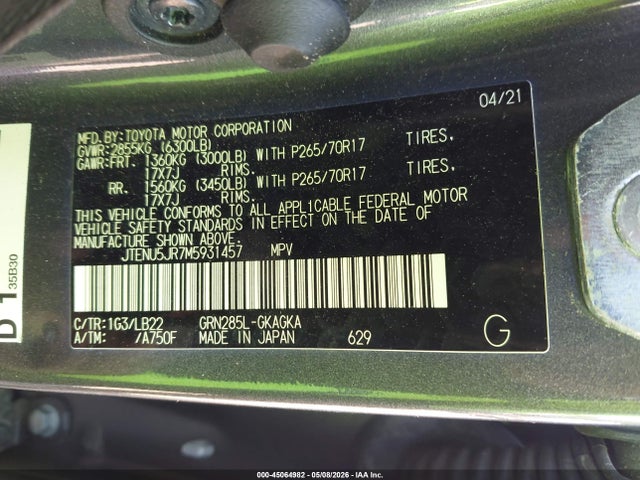 2021 Toyota 4runner Sr5 Premium მანქანა იყიდება აუქციონზე, vin: JTENU5JR7M5931457, აუქციონის ნომერი: 45064982