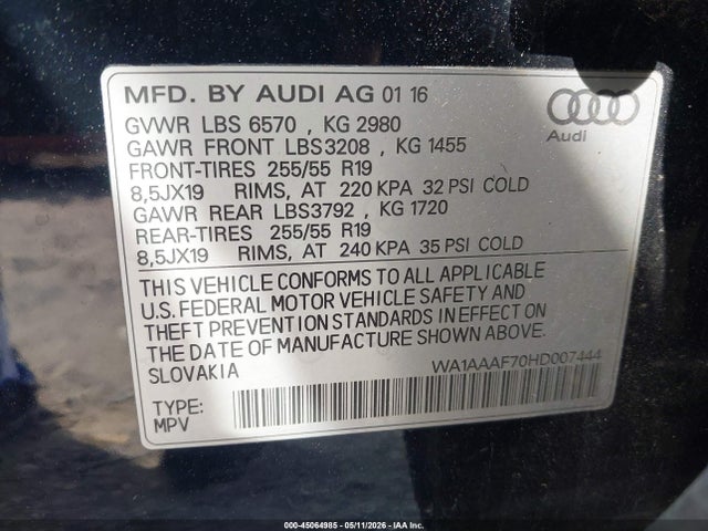 Aukcja sprzedaży 2017 Audi Q7 3.0t Premium, vin: WA1AAAF70HD007444, numer aukcji: 45064985