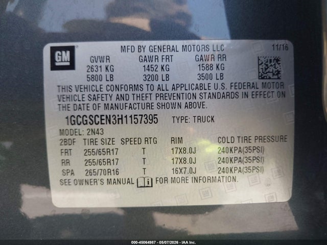 45064987 :رقم المزاد ، 1GCGSCEN3H1157395 vin ، 2017 Chevrolet Colorado Lt مزاد بيع