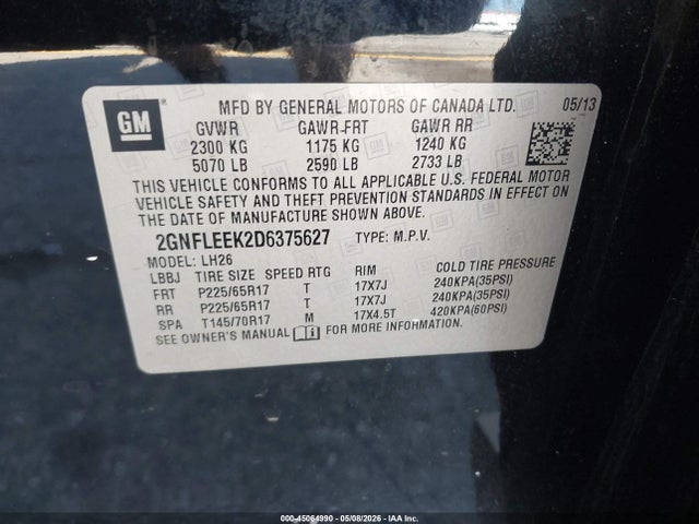 45064990 :رقم المزاد ، 2GNFLEEK2D6375627 vin ، 2013 Chevrolet Equinox 1lt مزاد بيع