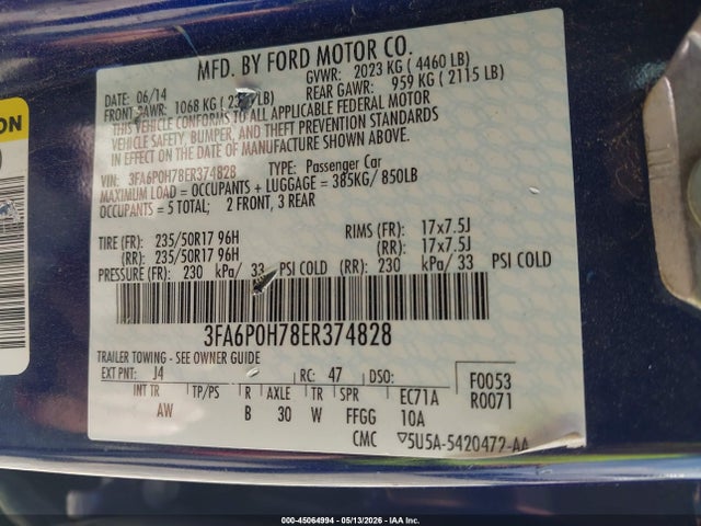 Aukcja sprzedaży 2014 Ford Fusion Se, vin: 3FA6P0H78ER374828, numer aukcji: 45064994