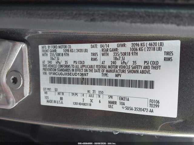 Продаж на аукціоні авто 2014 Ford Escape Titanium, vin: 1FMCU0JX5EUD13697, номер лоту: 45064995