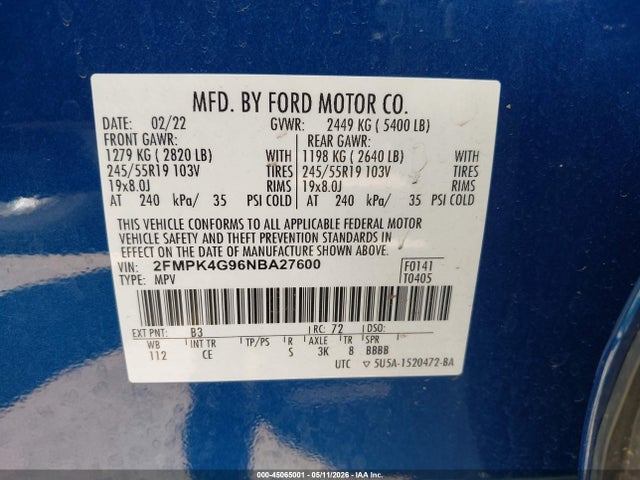 Aukcja sprzedaży 2022 Ford Edge Se, vin: 2FMPK4G96NBA27600, numer aukcji: 45065001