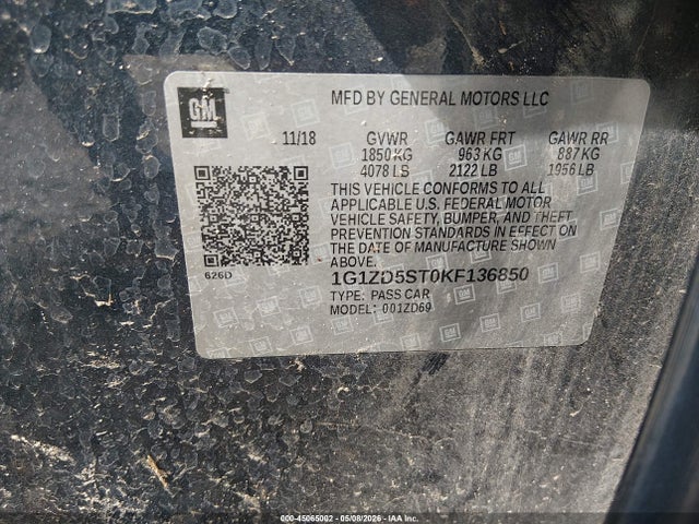 Aukcja sprzedaży 2019 Chevrolet Malibu Lt, vin: 1G1ZD5ST0KF136850, numer aukcji: 45065002