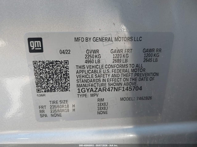 45065003 :رقم المزاد ، 1GYAZAR47NF145704 vin ، 2022 Cadillac Xt4 Fwd Luxury مزاد بيع