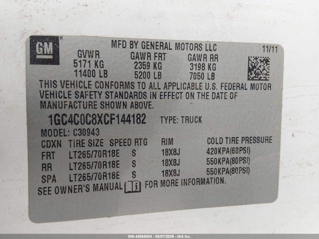 45065004 :رقم المزاد ، 1GC4C0C8XCF144182 vin ، 2012 Chevrolet Silverado 3500hd Lt مزاد بيع