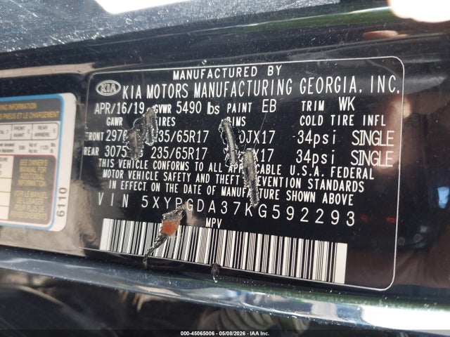 Auction sale of the 2019 Kia Sorento 2.4l Lx, vin: 5XYPGDA37KG592293, lot number: 45065006