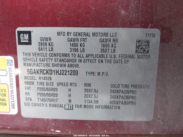 Продажа на аукционе авто 2017 Buick Enclave Premium, vin: 5GAKRCKD1HJ221209, номер лота: 45065015