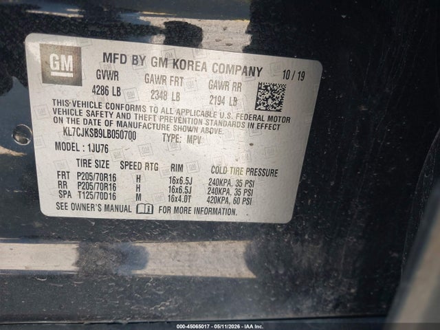 KL7CJKSB9LB050700 Chevrolet Trax Fwd Ls