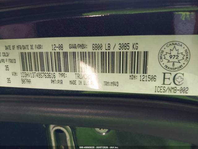 Aukcja sprzedaży 2009 Dodge Ram 1500 Slt/sport, vin: 1D3HV13T49S763616, numer aukcji: 45065025