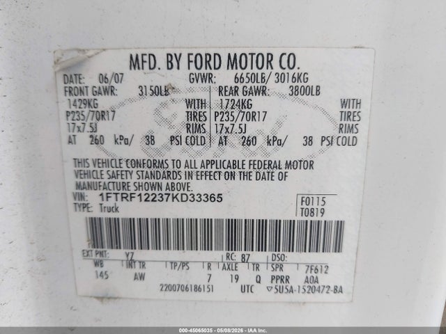 Продажа на аукционе авто 2007 Ford F-150 Stx/xl/xlt, vin: 1FTRF12237KD33365, номер лота: 45065035