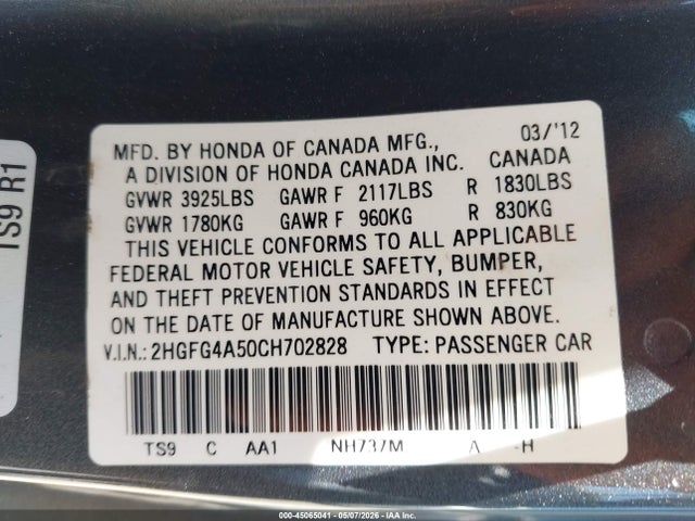 45065041 :رقم المزاد ، 2HGFG4A50CH702828 vin ، 2012 Honda Civic Si مزاد بيع