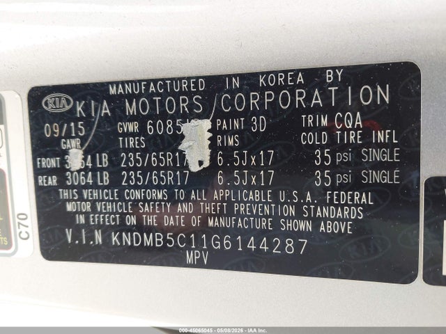 Продаж на аукціоні авто 2016 Kia Sedona Lx, vin: KNDMB5C11G6144287, номер лоту: 45065045