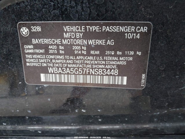 2015 Bmw 328i მანქანა იყიდება აუქციონზე, vin: WBA3A5G57FNS83448, აუქციონის ნომერი: 45065046