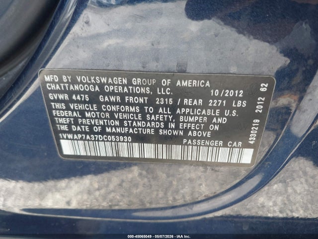 Aukcja sprzedaży 2013 Volkswagen Passat 2.5l S, vin: 1VWAP7A37DC053930, numer aukcji: 45065049