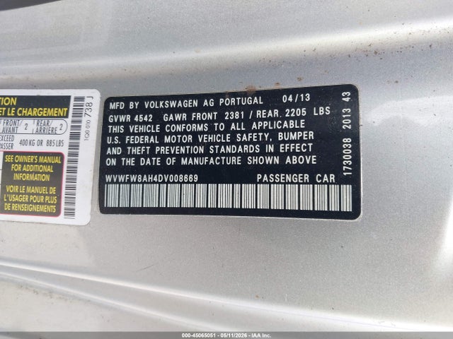 45065051 :رقم المزاد ، WVWFW8AH4DV008669 vin ، 2013 Volkswagen Eos Executive/lux مزاد بيع