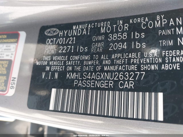 Продаж на аукціоні авто 2022 Hyundai Elantra Sel, vin: KMHLS4AGXNU263277, номер лоту: 45065058