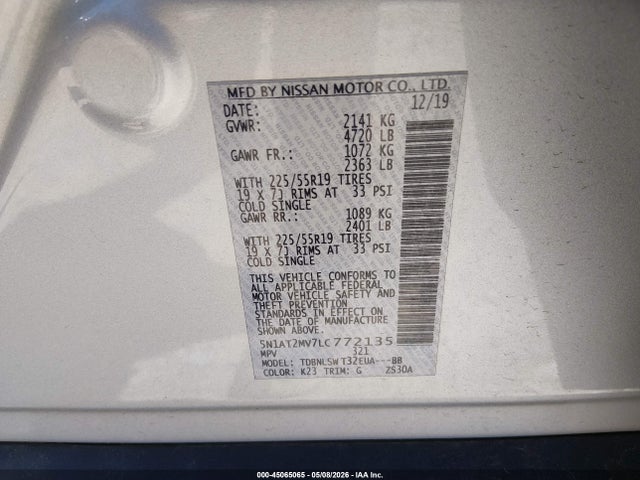 Aukcja sprzedaży 2020 Nissan Rogue Sl Intelligent Awd, vin: 5N1AT2MV7LC772135, numer aukcji: 45065065