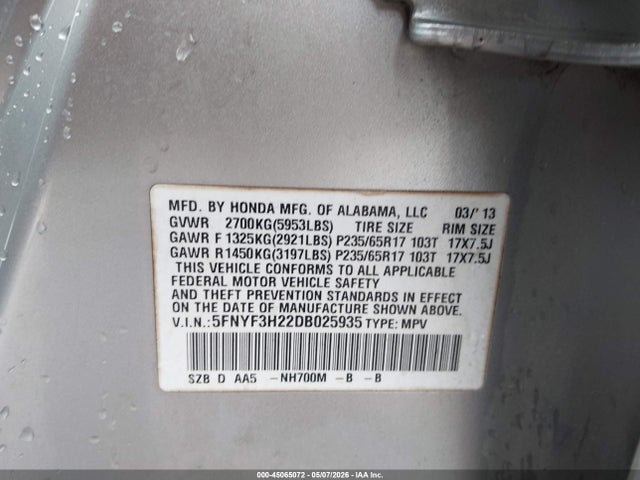 Продажа на аукционе авто 2013 Honda Pilot Lx, vin: 5FNYF3H22DB025935, номер лота: 45065072