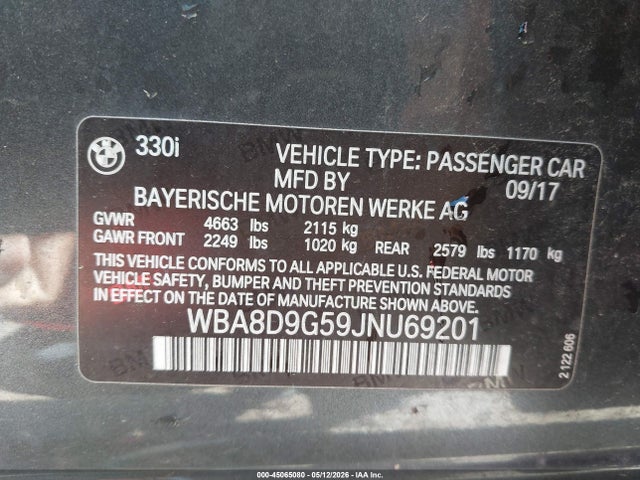 45065080 :رقم المزاد ، WBA8D9G59JNU69201 vin ، 2018 Bmw 330i Xdrive مزاد بيع