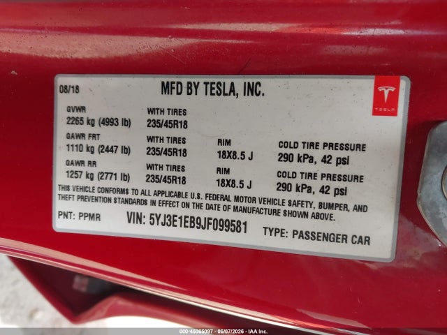 Tesla Model 3 Long Range/performance 2018 5YJ3E1EB9JF099581 Image 9