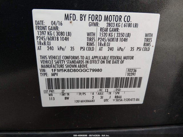 Aukcja sprzedaży 2016 Ford Explorer Xlt, vin: 1FM5K8D80GGC79980, numer aukcji: 45065098