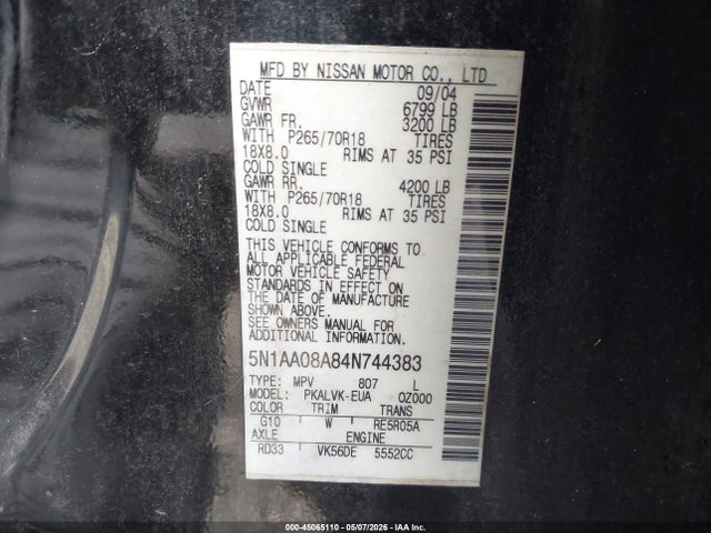 Продаж на аукціоні авто 2004 Nissan Pathfinder Armada Le, vin: 5N1AA08A84N744383, номер лоту: 45065110