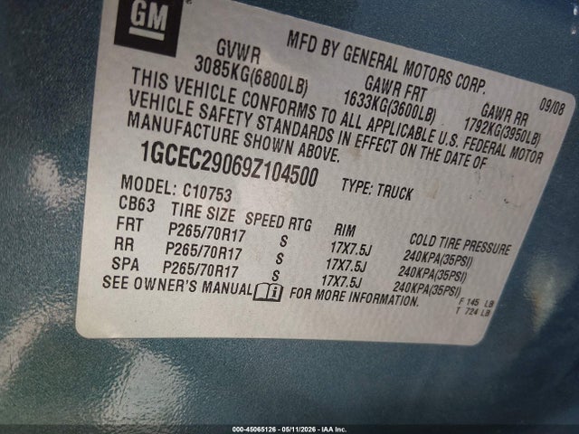 Продаж на аукціоні авто 2009 Chevrolet Silverado 1500 Lt, vin: 1GCEC29069Z104500, номер лоту: 45065126