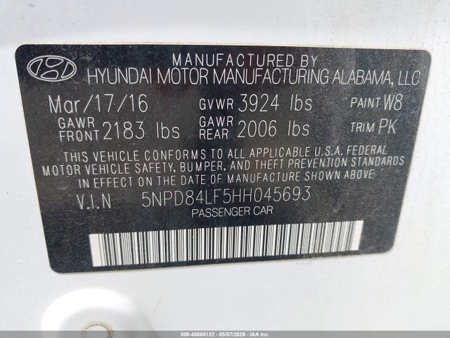 Aukcja sprzedaży 2017 Hyundai Elantra Se, vin: 5NPD84LF5HH045693, numer aukcji: 45065132