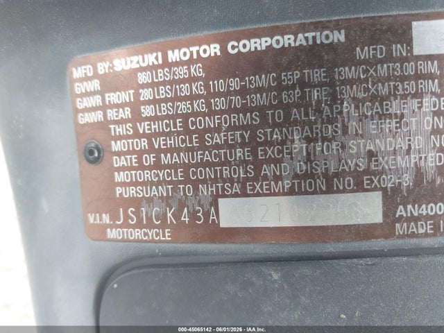 45065142 :رقم المزاد ، JS1CK43A952102258 vin ، 2005 Suzuki An400 K3 مزاد بيع