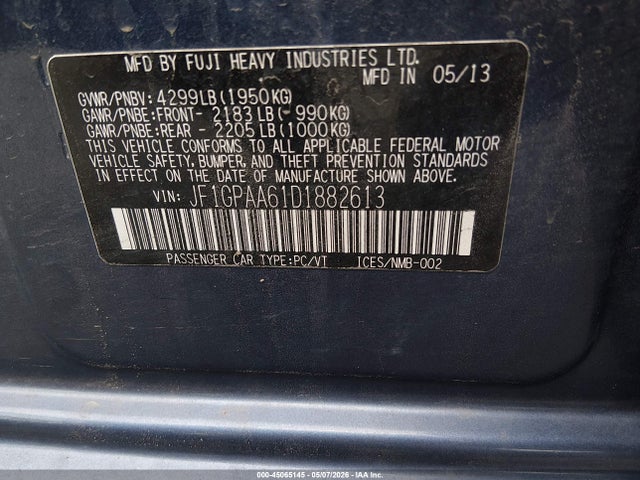 Aukcja sprzedaży 2013 Subaru Impreza 2.0i, vin: JF1GPAA61D1882613, numer aukcji: 45065145